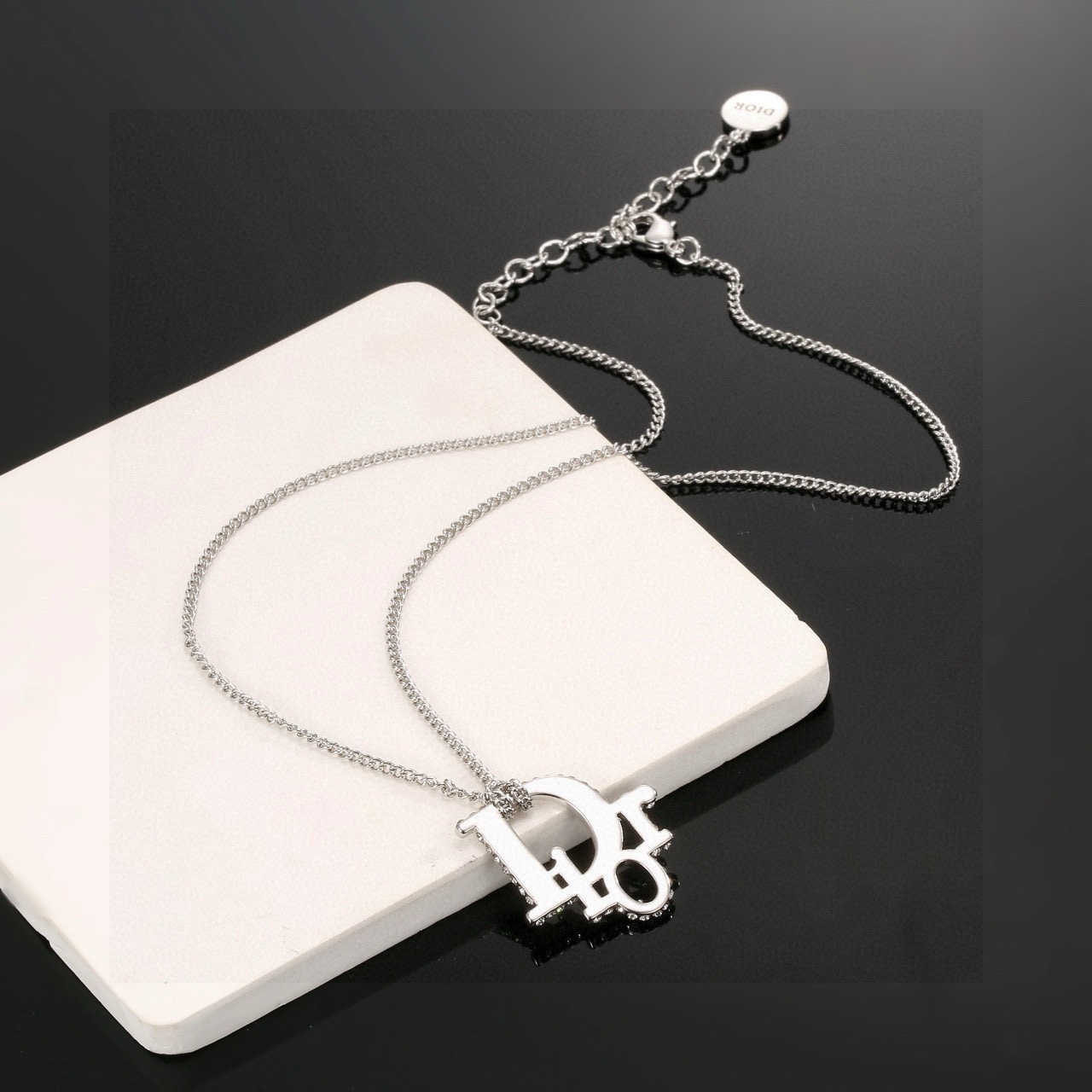 Dior JaDior necklace silver-toned metal with clear crystal accents 45cm with 5cm extender