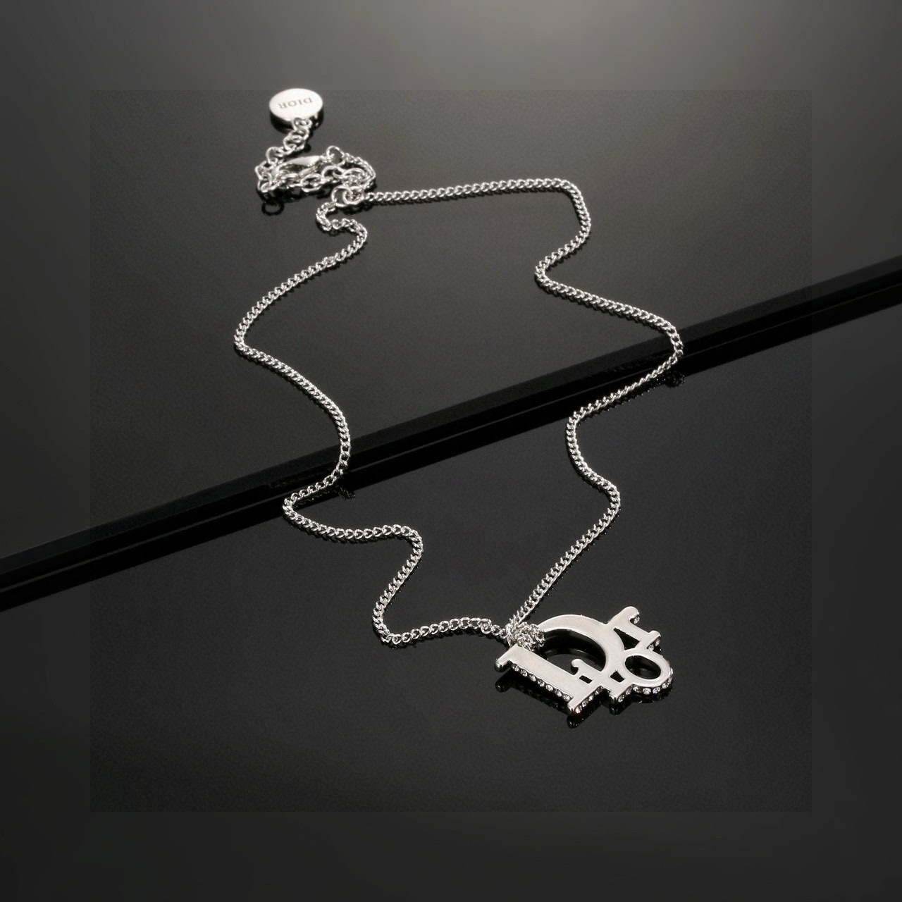 Dior JaDior necklace silver-toned metal with clear crystal accents 45cm with 5cm extender