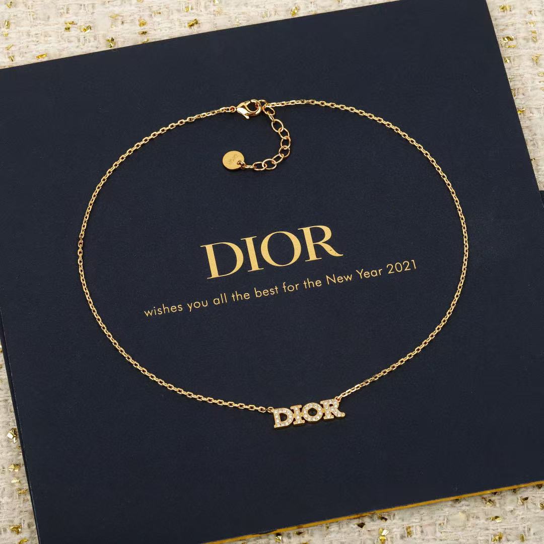 Dior DIOR Logo Crystal Pendant necklace gold-tone metal with clear crystal accents 42cm with 5cm extender