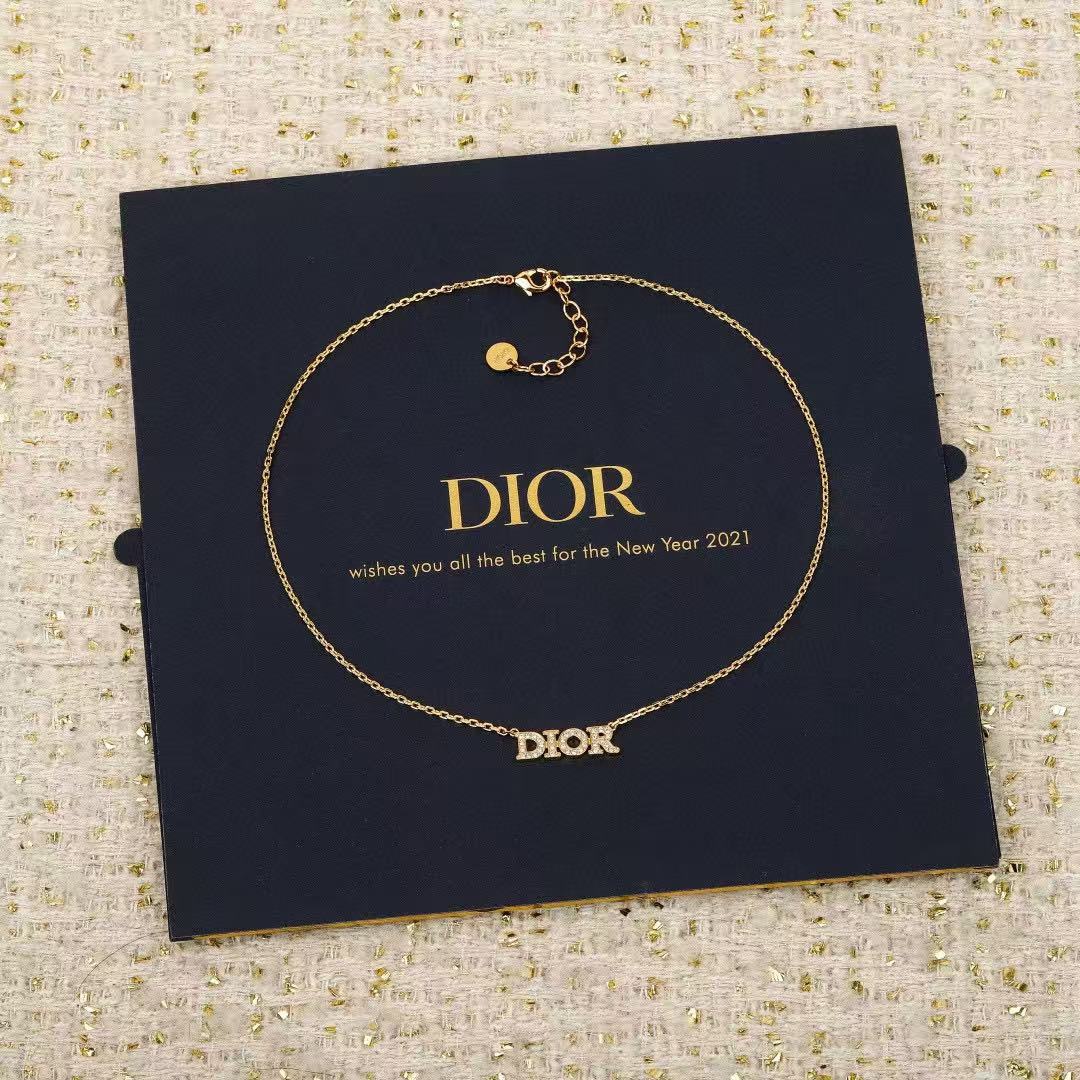 Dior DIOR Logo Crystal Pendant necklace gold-tone metal with clear crystal accents 42cm with 5cm extender