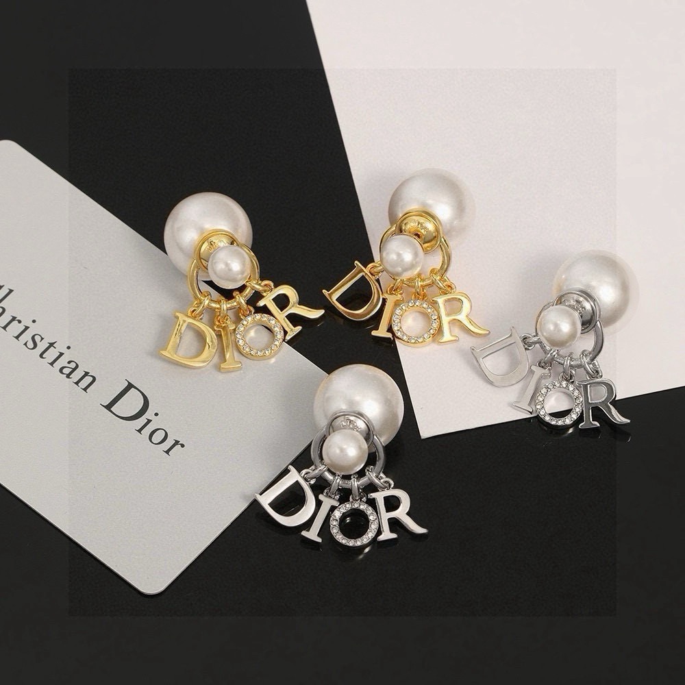 Dior Dior Tribales DIOR Letter Charm Earrings earrings Gold-tone metal with white resin pearls and clear crystal pave accents also available in silver-tone metal variant One Size drop length approx 2 5cm