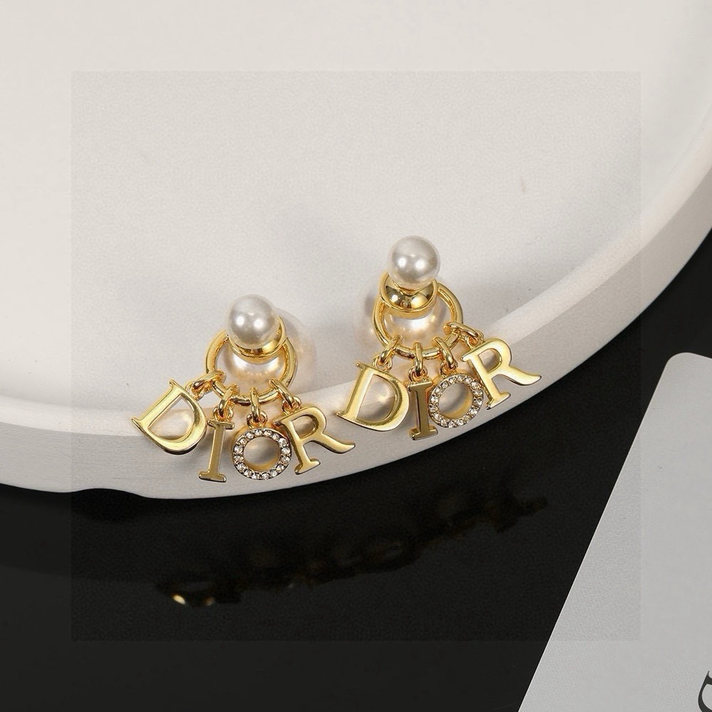 Dior Dior Tribales DIOR Letter Charm Earrings earrings Gold-tone metal with white resin pearls and clear crystal pave accents also available in silver-tone metal variant One Size drop length approx 2 5cm