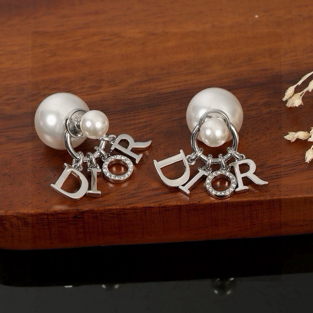 Dior Dior Tribales DIOR Letter Charm Earrings earrings Gold-tone metal with white resin pearls and clear crystal pave accents also available in silver-tone metal variant One Size drop length approx 2 5cm