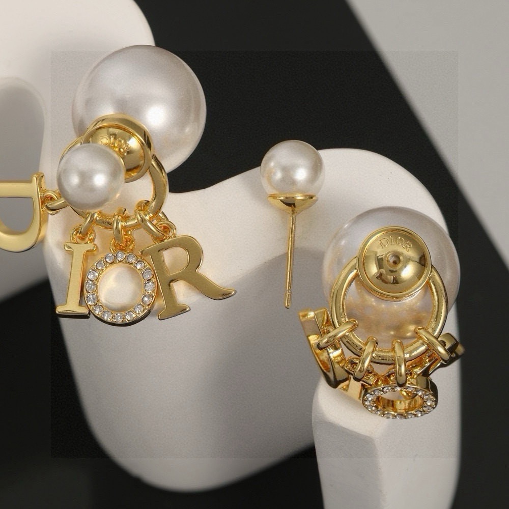 Dior Dior Tribales DIOR Letter Charm Earrings earrings Gold-tone metal with white resin pearls and clear crystal pave accents also available in silver-tone metal variant One Size drop length approx 2 5cm