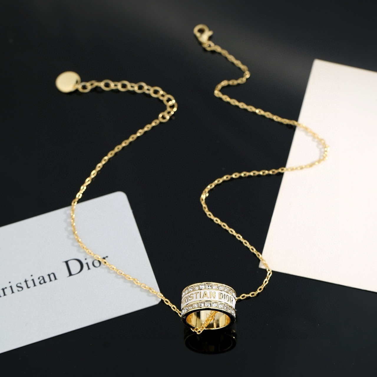 Dior JaDior Christian Dior Code Ring Pendant necklace gold-tone metal with clear crystal accents available with black enamel or white enamel lettering 42cm with 5cm extender