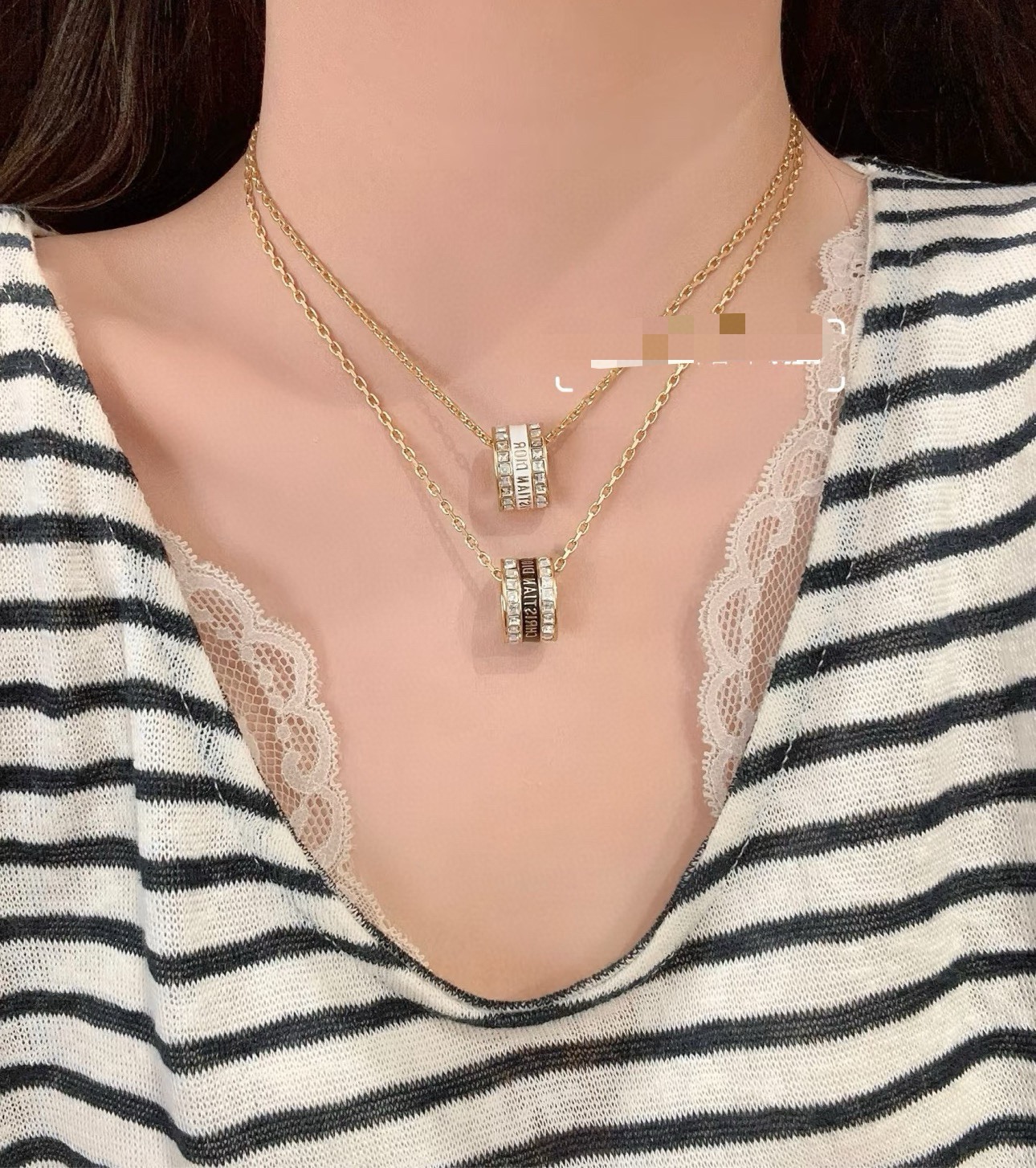 Dior JaDior Christian Dior Code Ring Pendant necklace gold-tone metal with clear crystal accents available with black enamel or white enamel lettering 42cm with 5cm extender