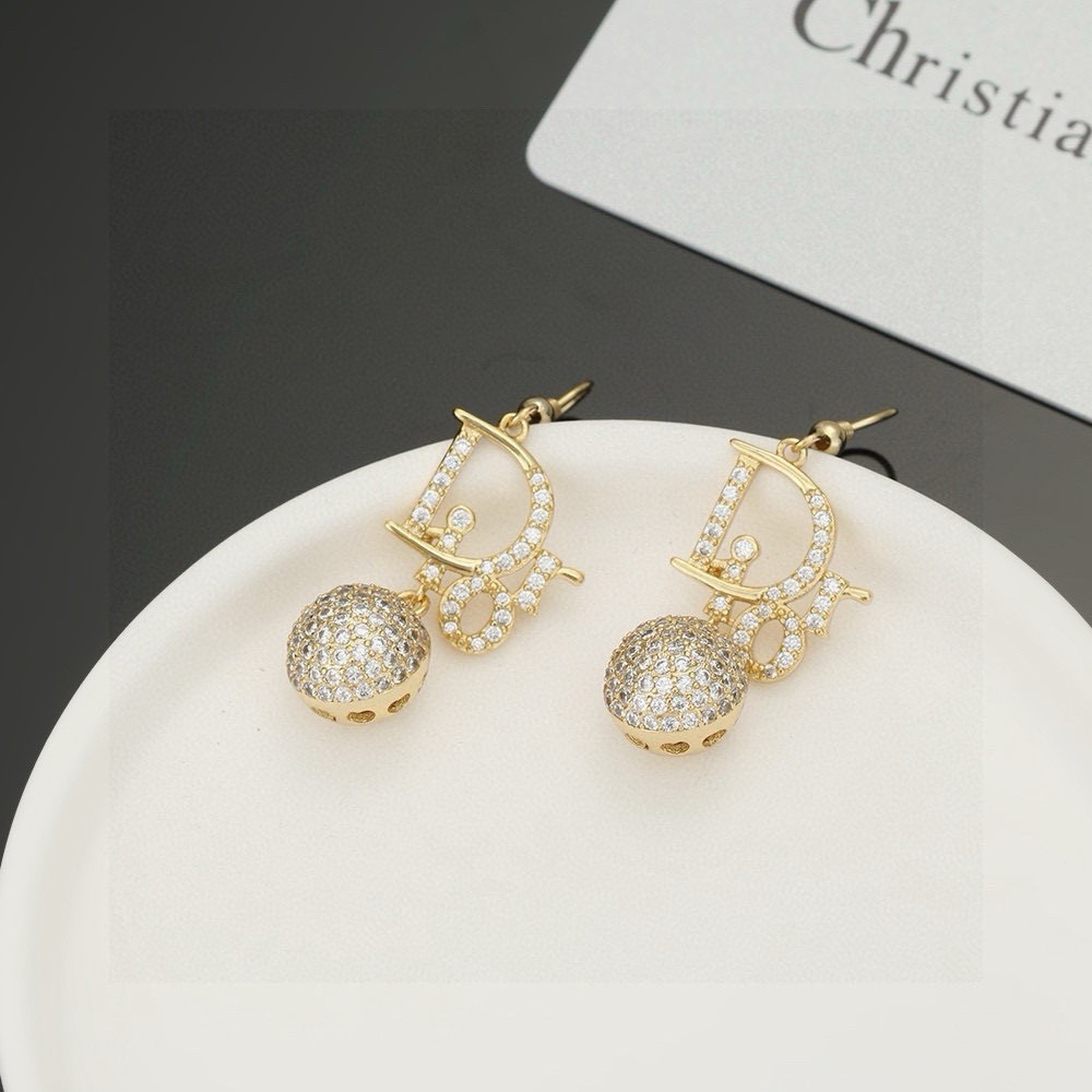 Dior CD Logo Pave Ball Drop Earrings earrings Gold-tone metal with clear pave cubic zirconia stones 4cm total drop length