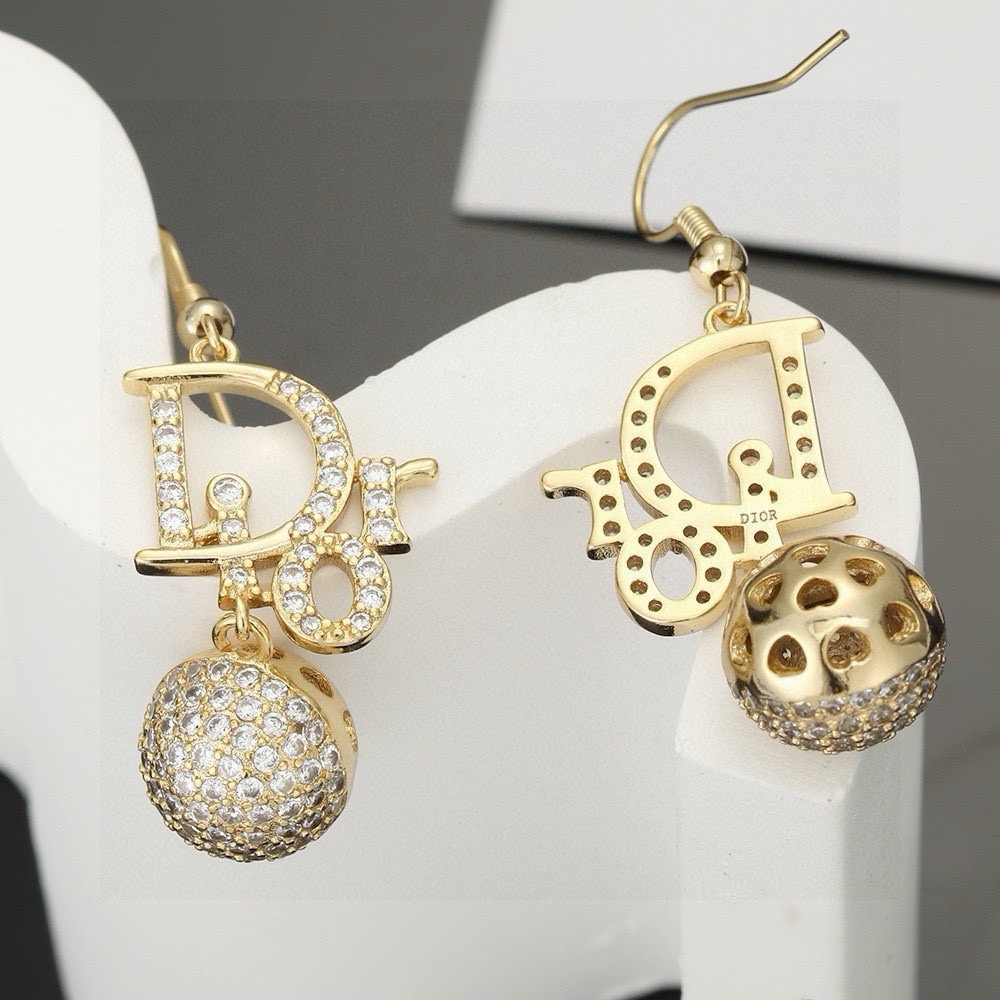 Dior CD Logo Pave Ball Drop Earrings earrings Gold-tone metal with clear pave cubic zirconia stones 4cm total drop length