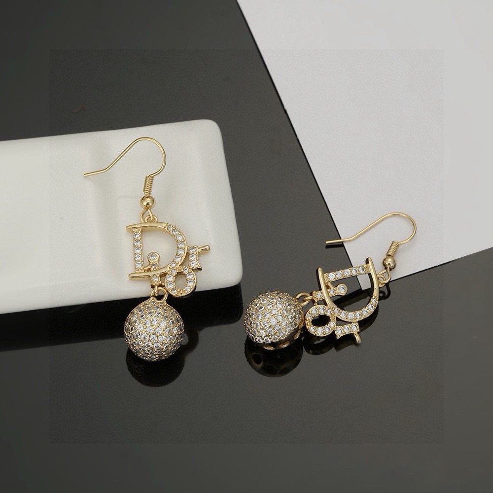 Dior CD Logo Pave Ball Drop Earrings earrings Gold-tone metal with clear pave cubic zirconia stones 4cm total drop length
