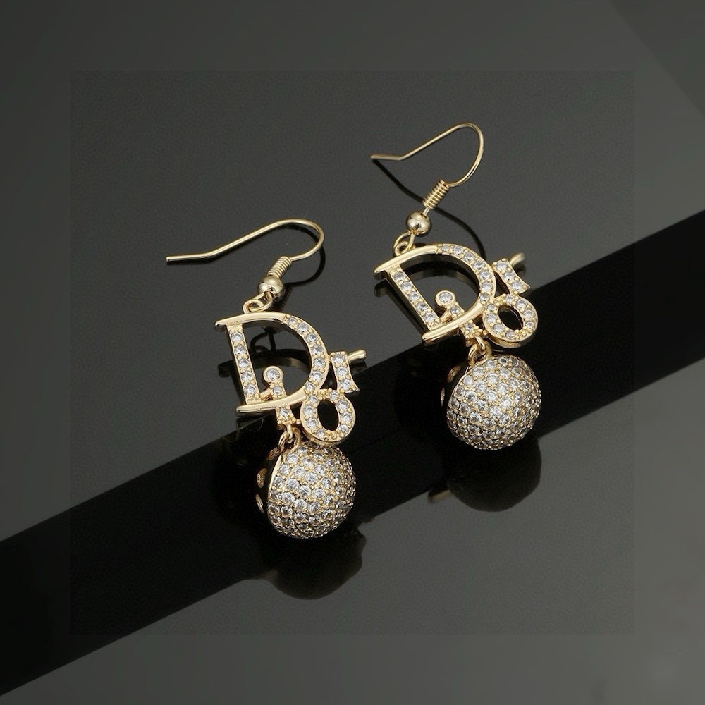 Dior CD Logo Pave Ball Drop Earrings earrings Gold-tone metal with clear pave cubic zirconia stones 4cm total drop length