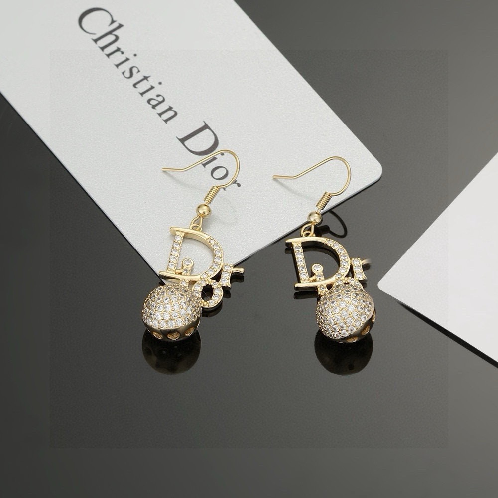 Dior CD Logo Pave Ball Drop Earrings earrings Gold-tone metal with clear pave cubic zirconia stones 4cm total drop length