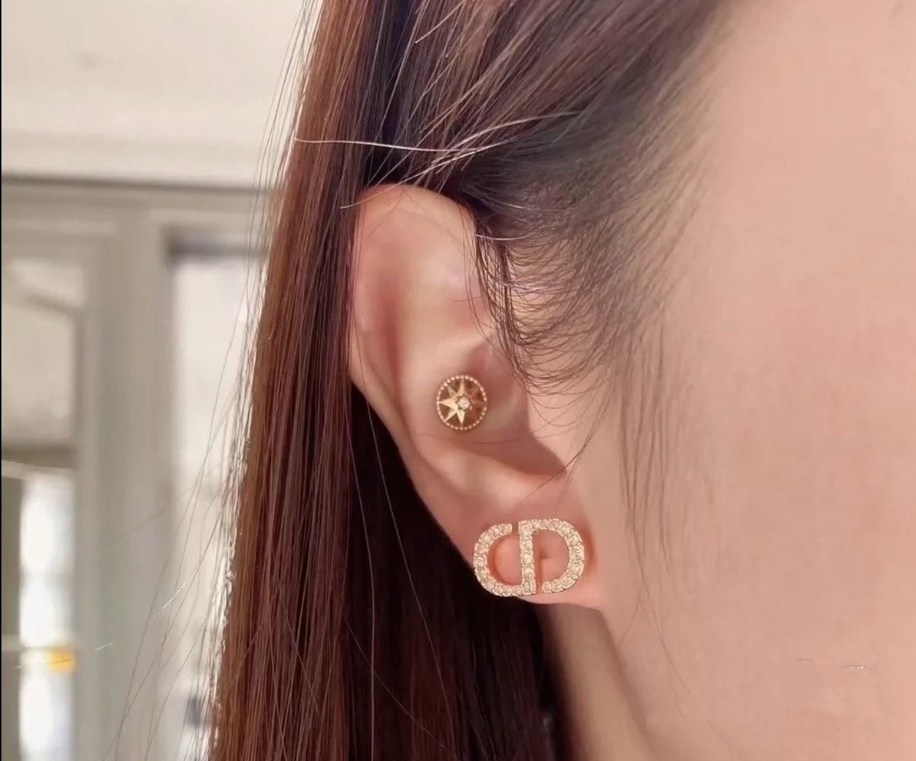 Dior Petit CD earrings gold-tone metal with clear white crystal accents 1 2cm width per stud