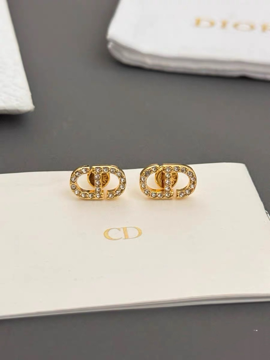 Dior Petit CD earrings gold-tone metal with clear white crystal accents 1 2cm width per stud