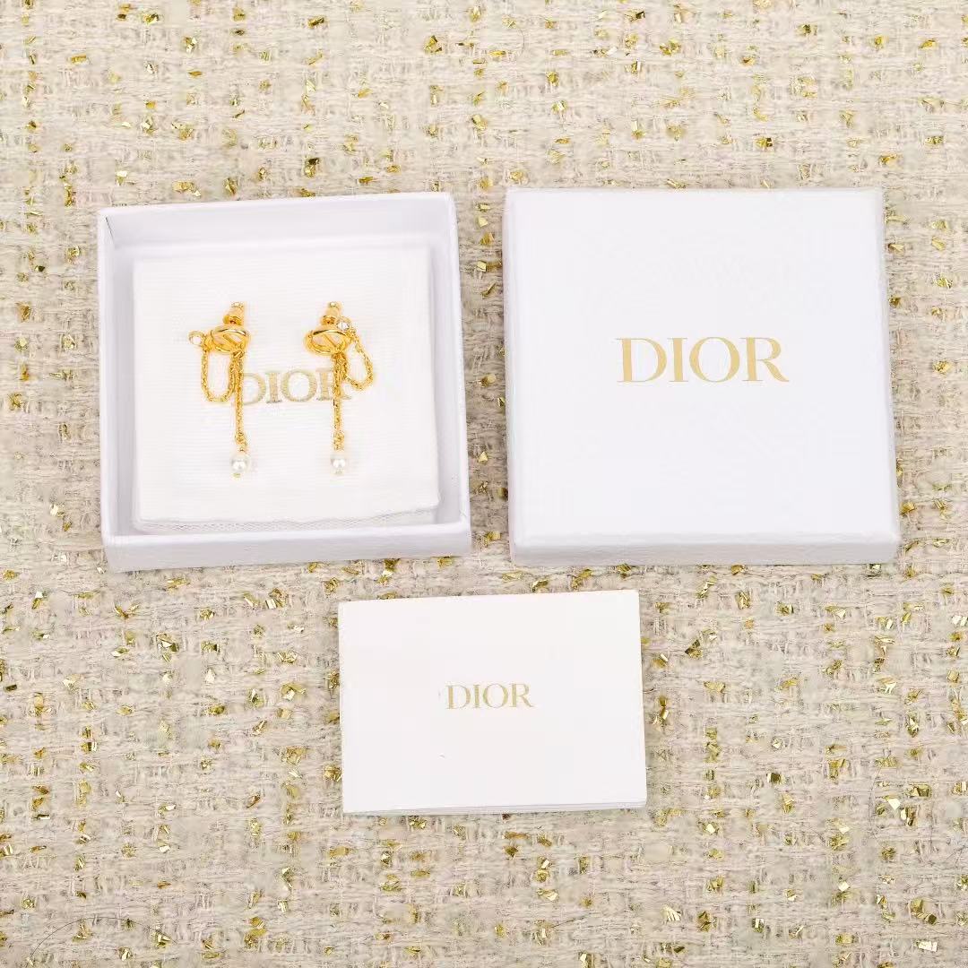 Dior Dior Tribales CD Logo Chain Pearl Drop Earrings earrings Gold-tone metal white pearl clear crystal 3 5cm drop length