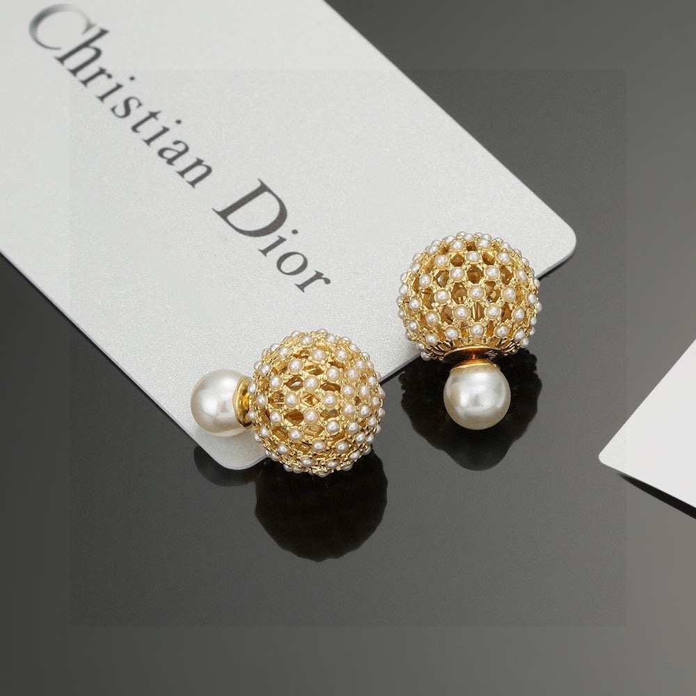 Dior Tribales earrings gold tone metal white resin pearl 1 6cm diameter
