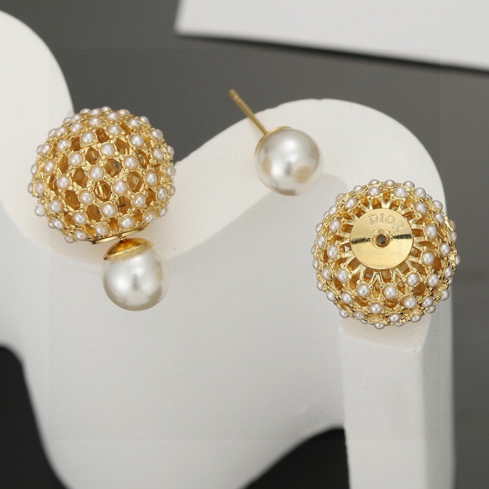 Dior Tribales earrings gold tone metal white resin pearl 1 6cm diameter