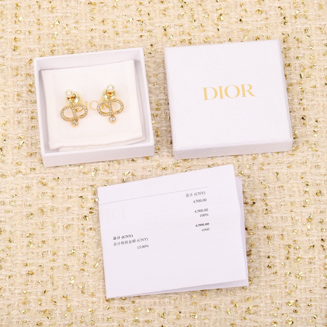 Dior Tribales CD Logo Pearl Earrings earrings Gold-tone metal cream white faux pearl clear crystal One Size drop length approx 2 5cm