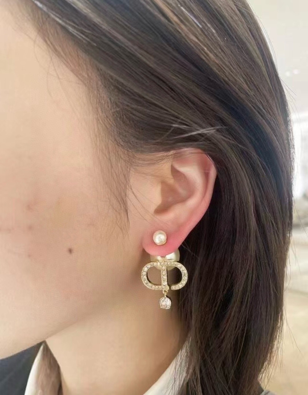 Dior Tribales CD Logo Pearl Earrings earrings Gold-tone metal cream white faux pearl clear crystal One Size drop length approx 2 5cm