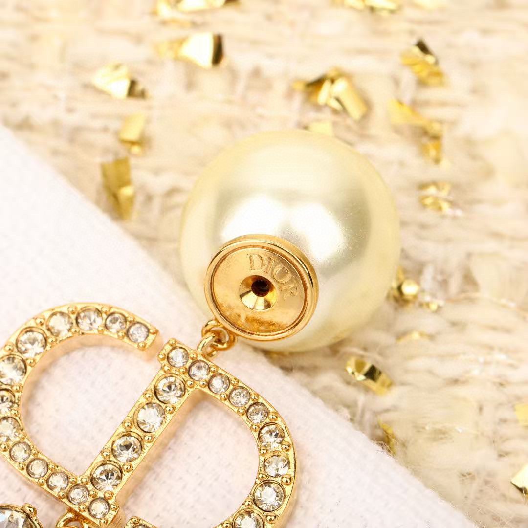 Dior Tribales CD Logo Pearl Earrings earrings Gold-tone metal cream white faux pearl clear crystal One Size drop length approx 2 5cm