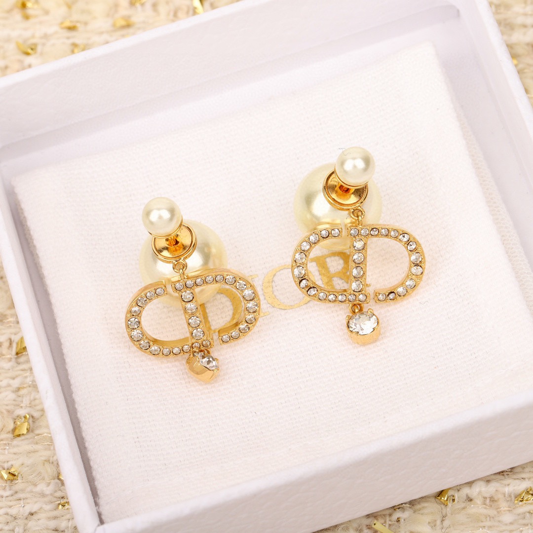 Dior Tribales CD Logo Pearl Earrings earrings Gold-tone metal cream white faux pearl clear crystal One Size drop length approx 2 5cm