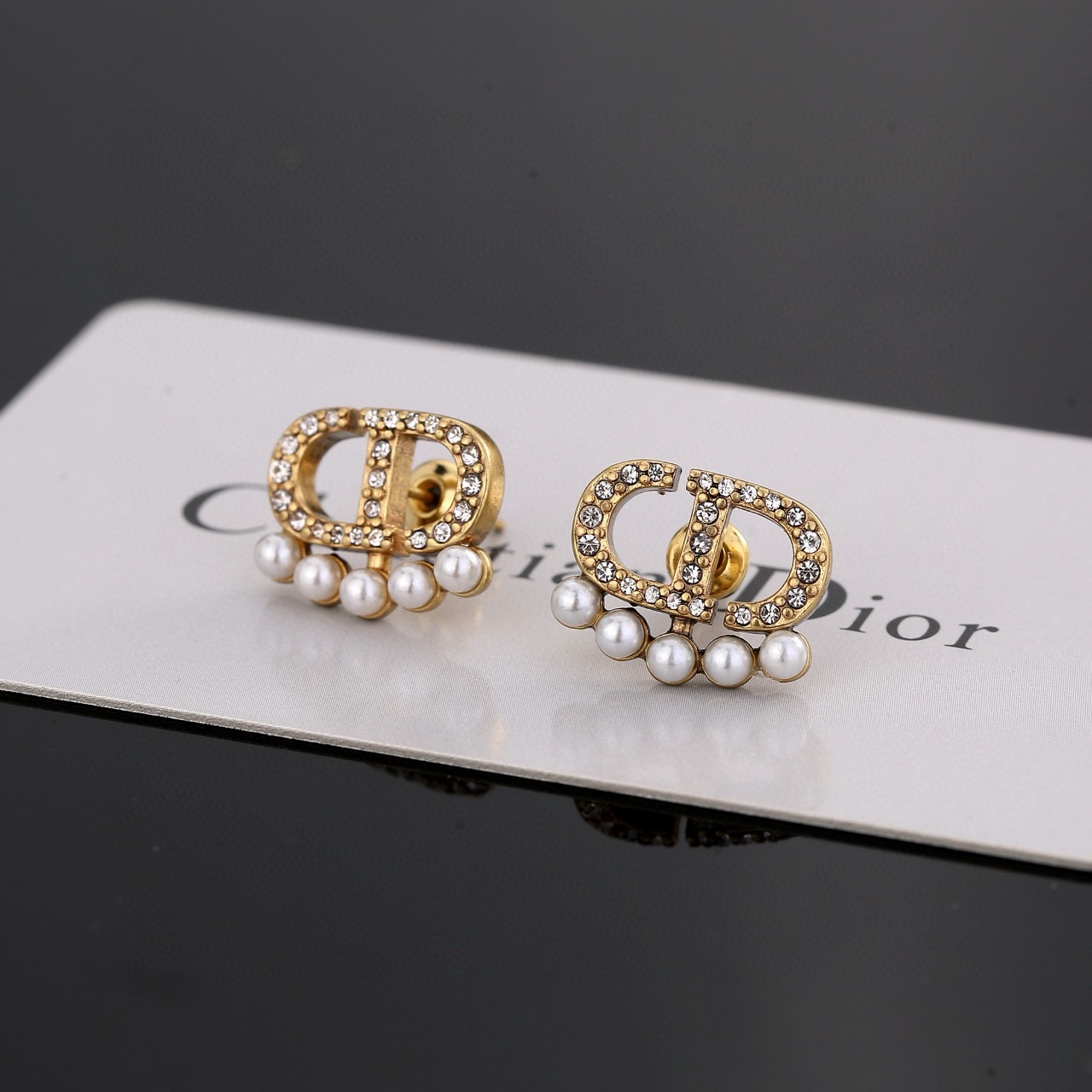 Dior Petit CD earrings antique gold metal clear crystals white pearls 1 2cm width