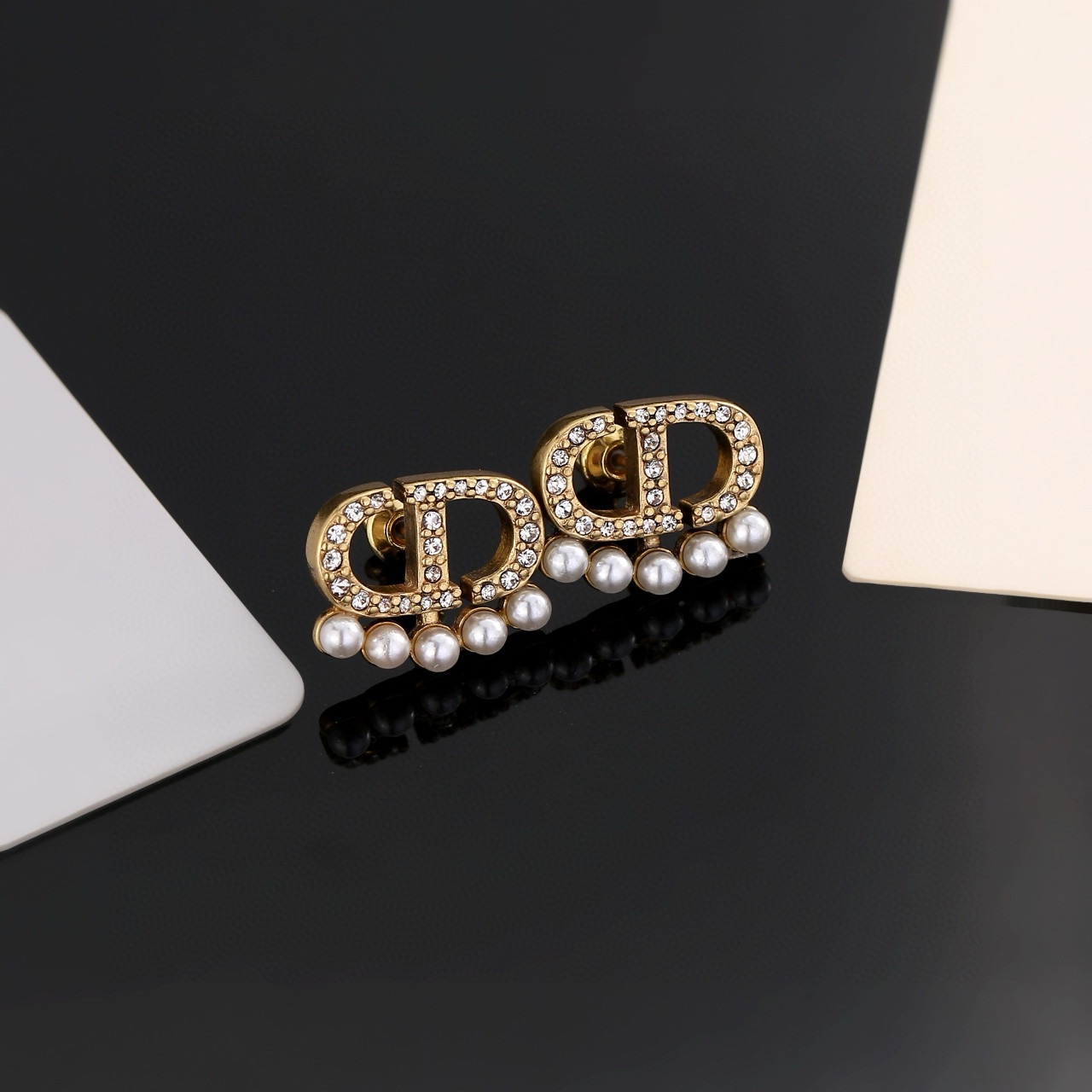 Dior Petit CD earrings antique gold metal clear crystals white pearls 1 2cm width