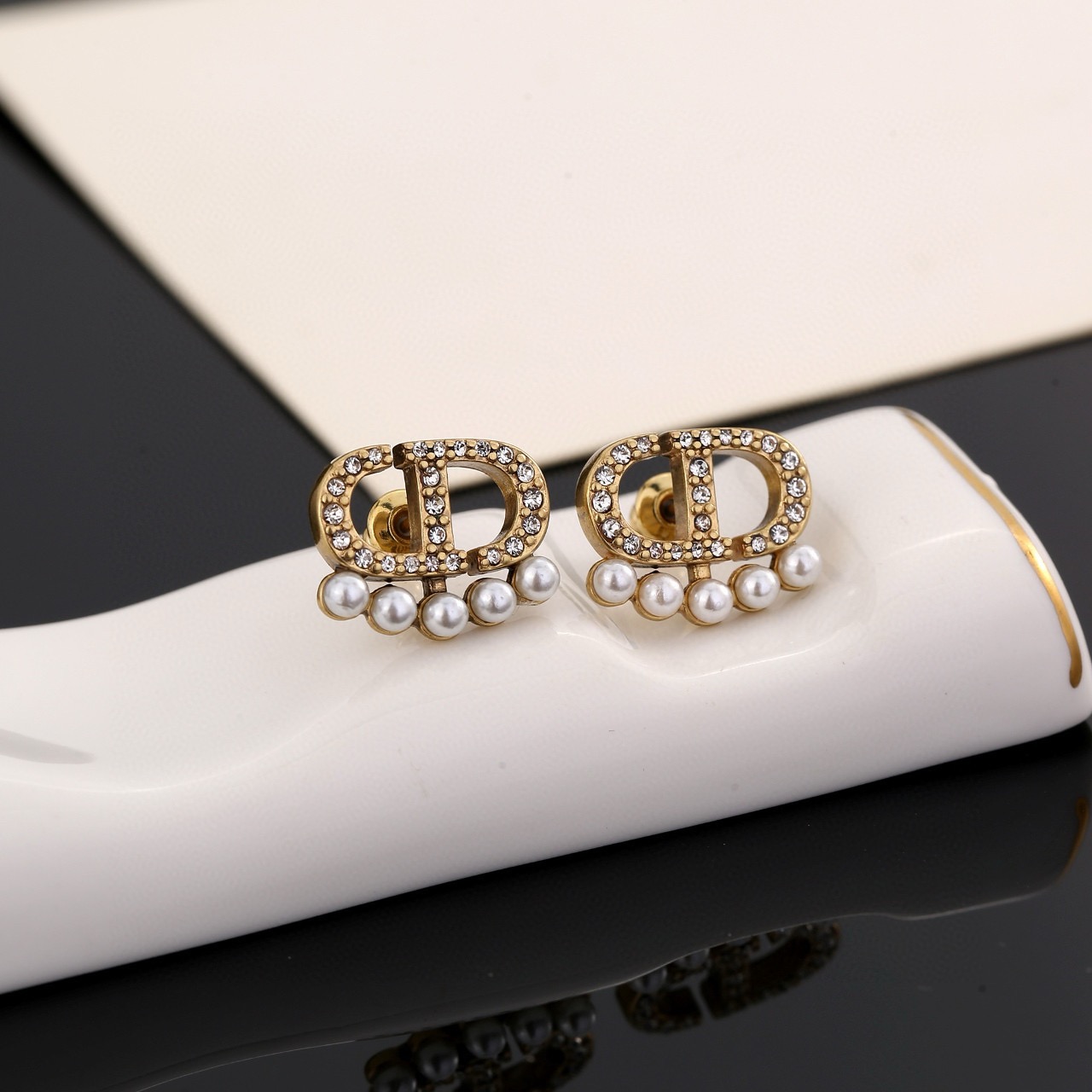 Dior Petit CD earrings antique gold metal clear crystals white pearls 1 2cm width