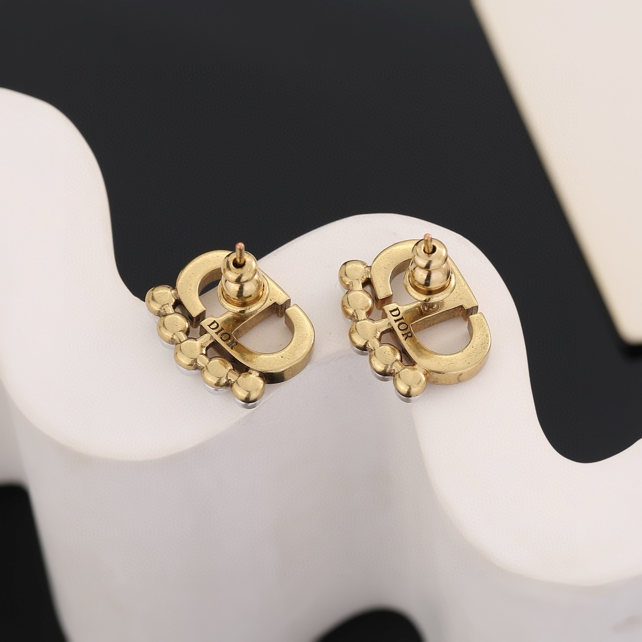 Dior Petit CD earrings antique gold metal clear crystals white pearls 1 2cm width