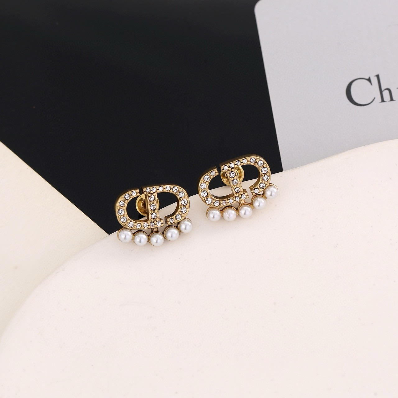 Dior Petit CD earrings antique gold metal clear crystals white pearls 1 2cm width