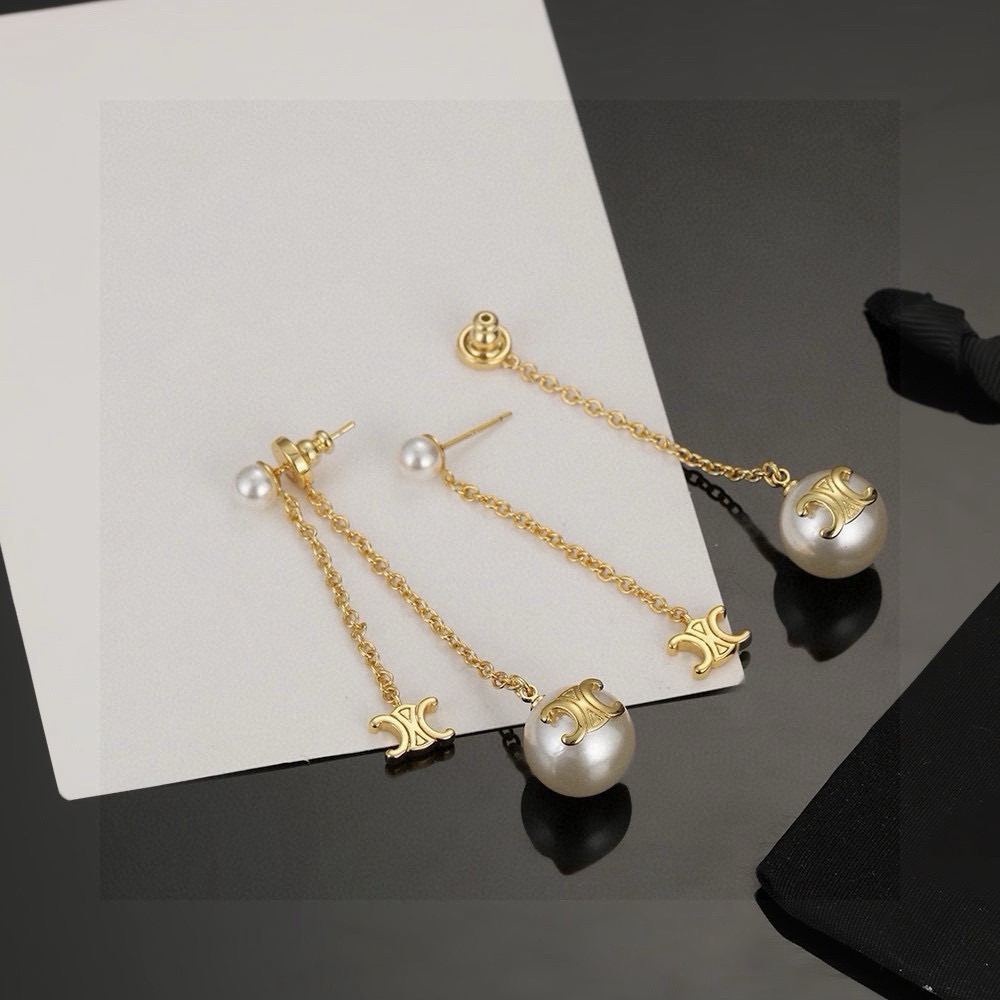 Celine Triomphe Pearl Drop earrings gold-tone metal with white pearls 5cm drop length