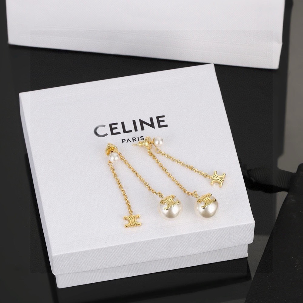 Celine Triomphe Pearl Drop earrings gold-tone metal with white pearls 5cm drop length