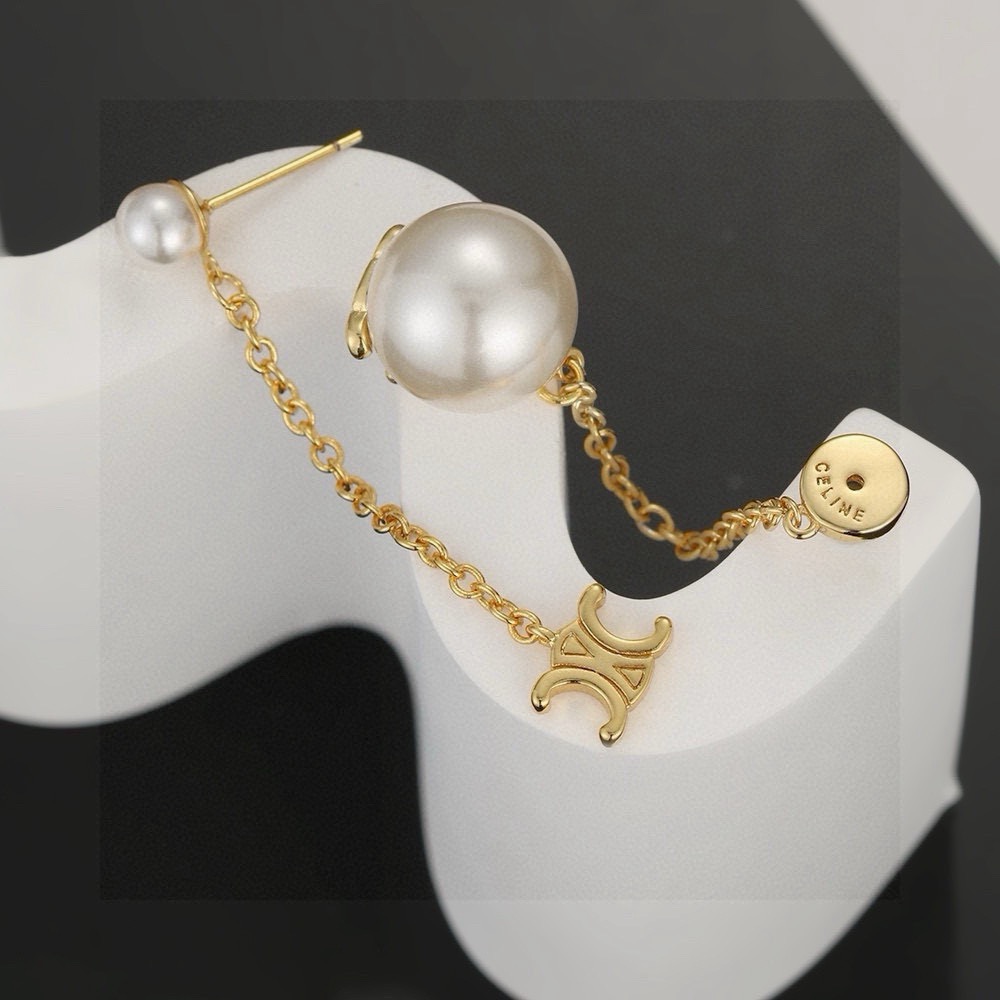 Celine Triomphe Pearl Drop earrings gold-tone metal with white pearls 5cm drop length