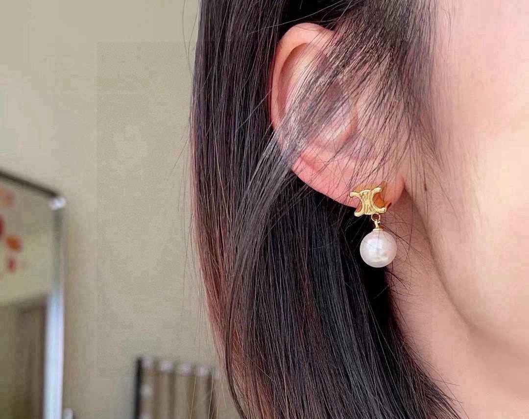 Celine Triomphe Pearl Drop earrings gold-tone metal with white pearl 2cm total drop length