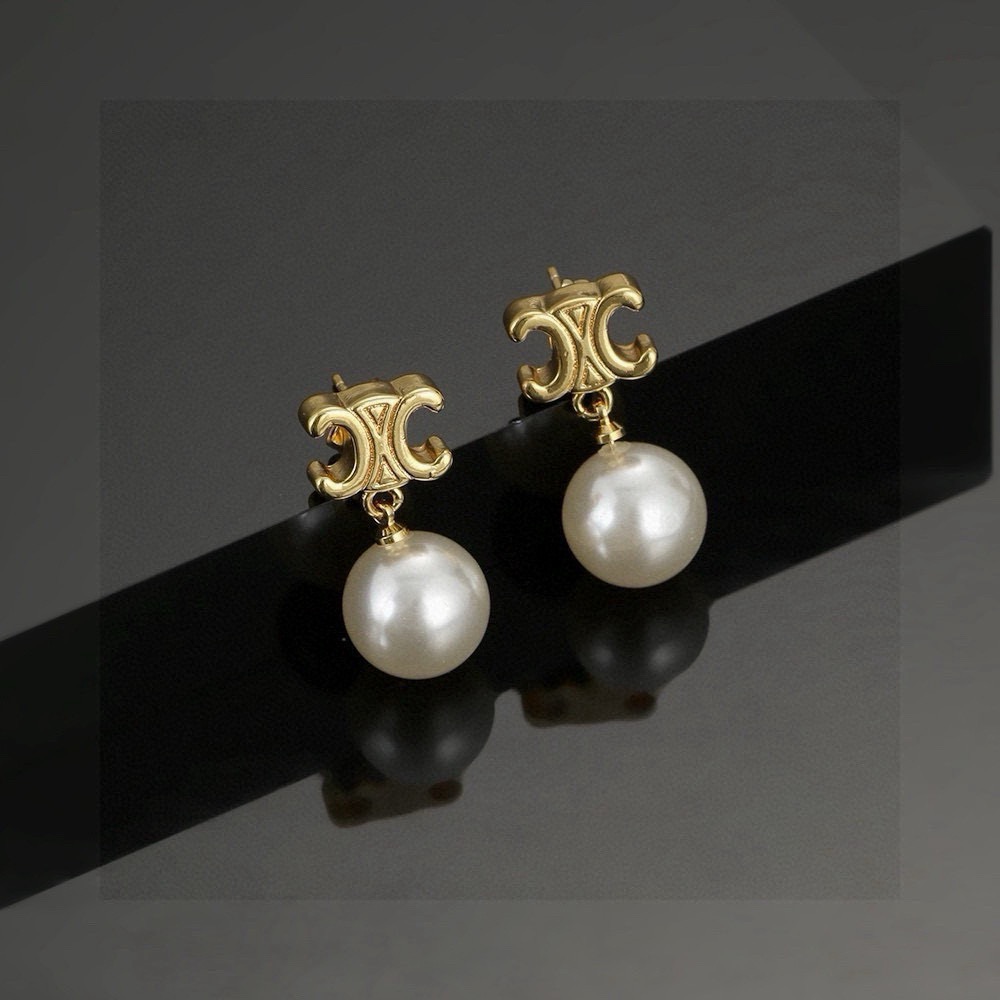Celine Triomphe Pearl Drop earrings gold-tone metal with white pearl 2cm total drop length