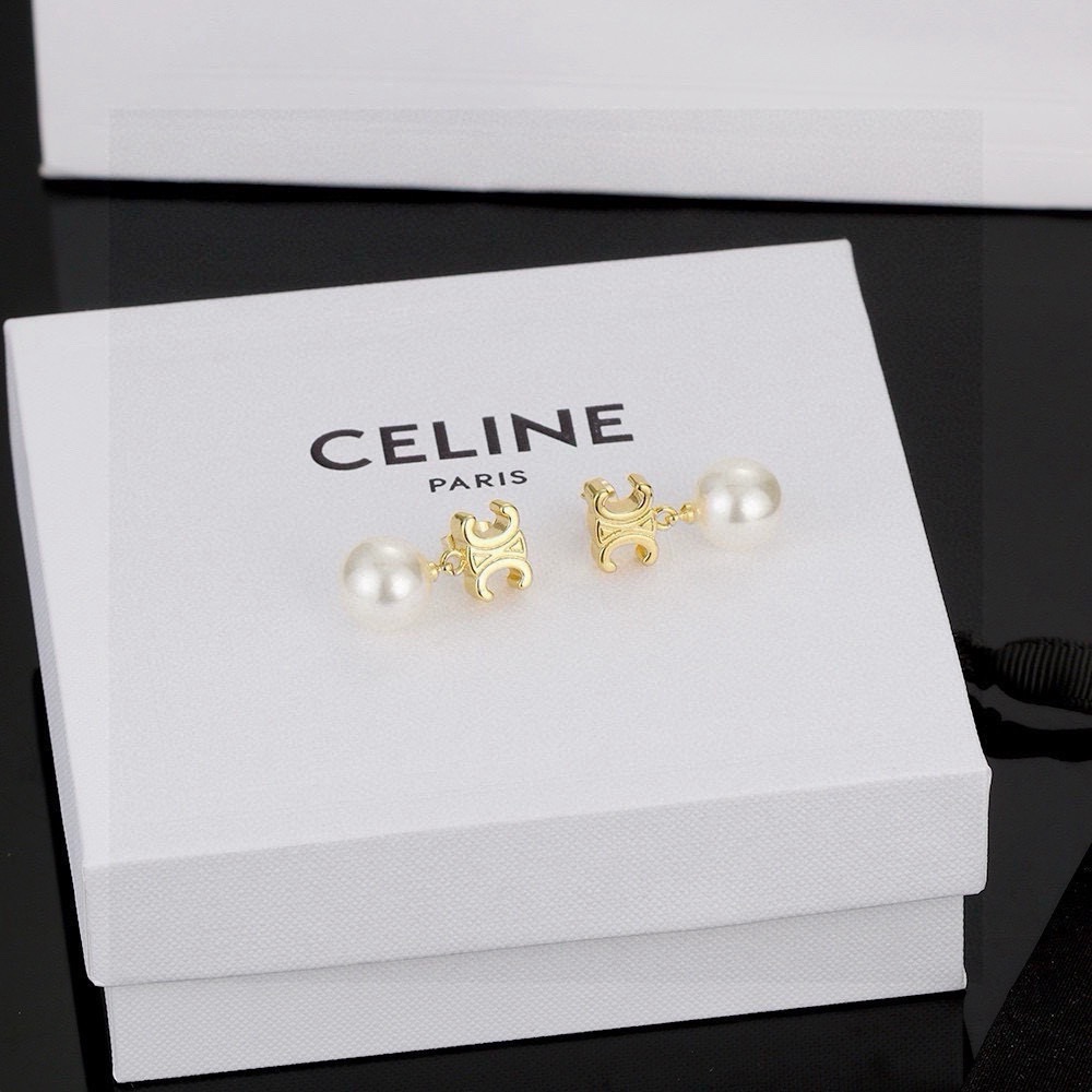 Celine Triomphe Pearl Drop earrings gold-tone metal with white pearl 2cm total drop length