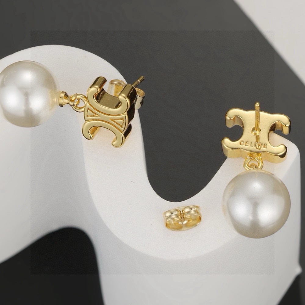Celine Triomphe Pearl Drop earrings gold-tone metal with white pearl 2cm total drop length