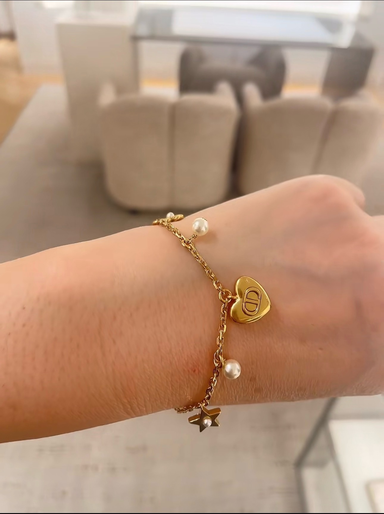 Dior CD Heart Star Pearl Charm Bracelet bracelet Gold-tone metal with white faux pearl accents 17cm