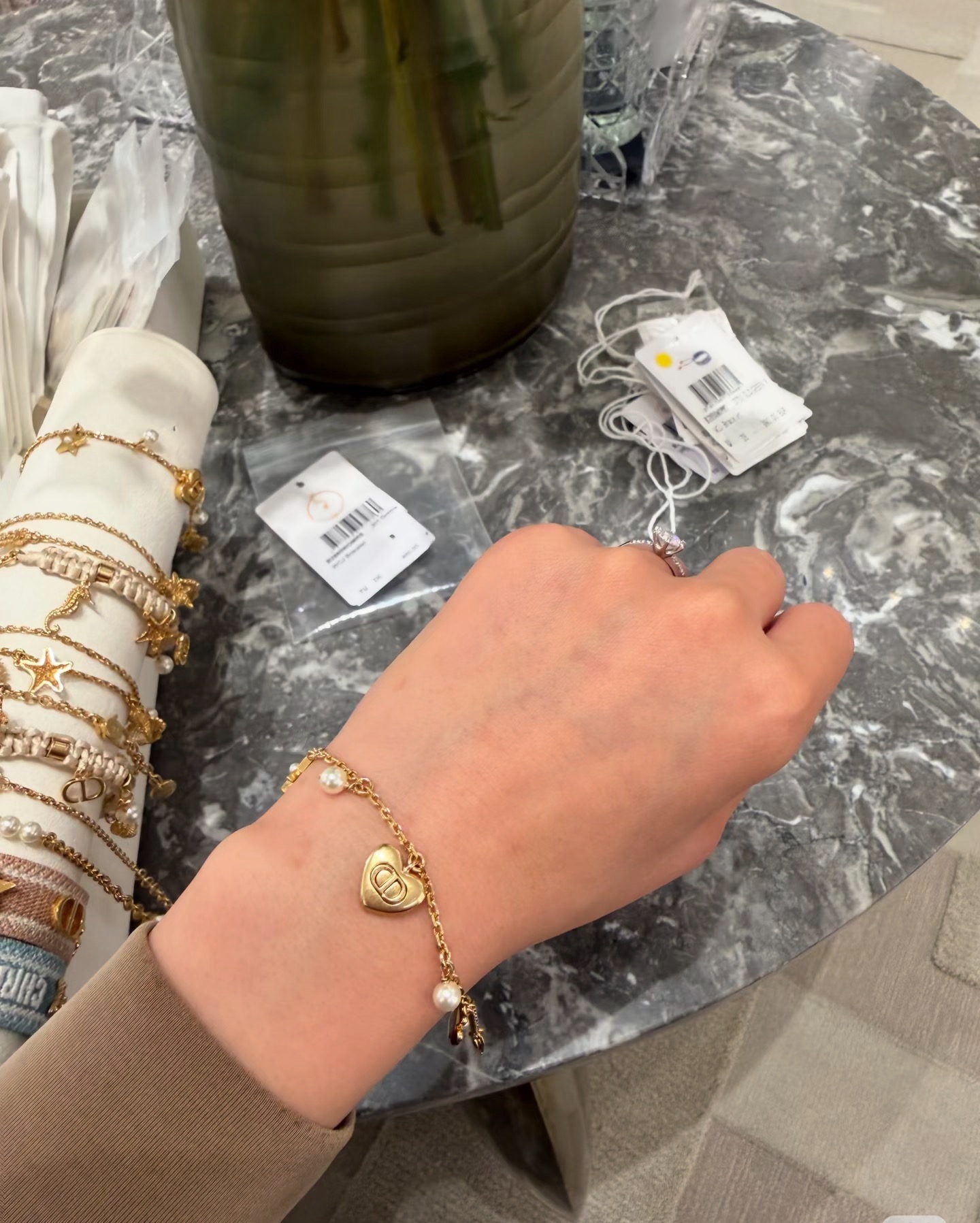 Dior CD Heart Star Pearl Charm Bracelet bracelet Gold-tone metal with white faux pearl accents 17cm