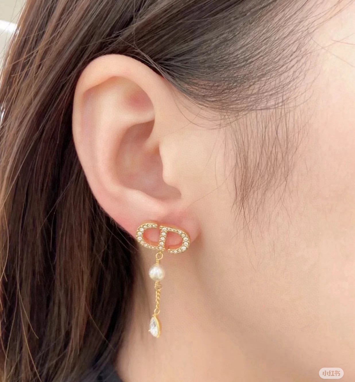 Dior Petit CD earrings Gold-tone metal with clear crystals white faux pearls and teardrop clear crystal drops One Size