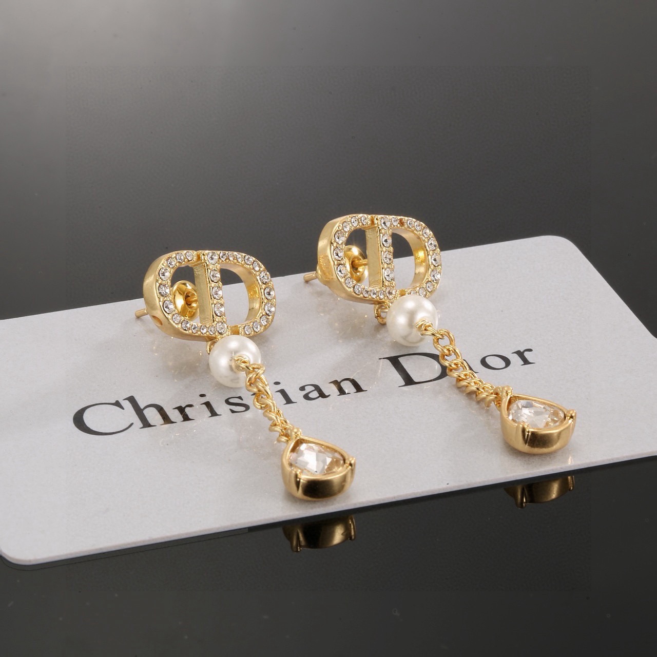 Dior Petit CD earrings Gold-tone metal with clear crystals white faux pearls and teardrop clear crystal drops One Size