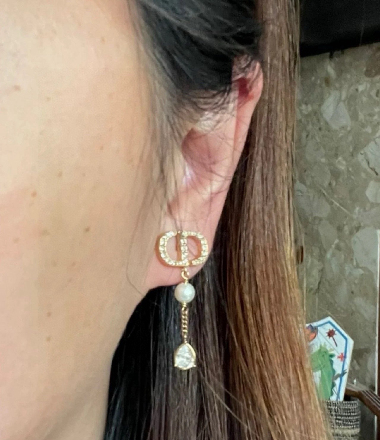 Dior Petit CD earrings Gold-tone metal with clear crystals white faux pearls and teardrop clear crystal drops One Size