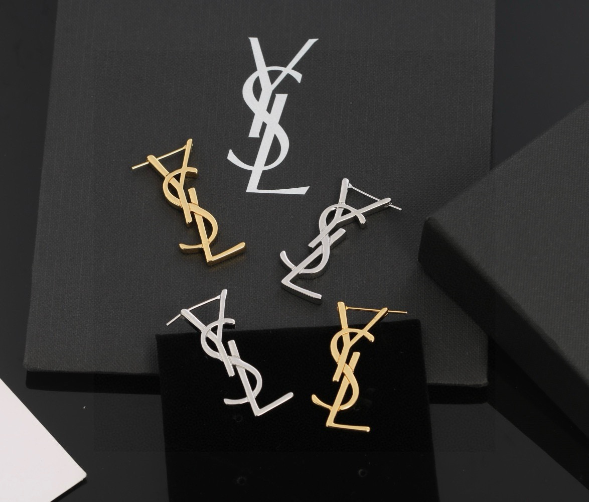 Saint Laurent Cassandre YSL Monogram earrings Gold-tone metal gold variant Silver-tone metal silver variant no gemstones 3cm drop length