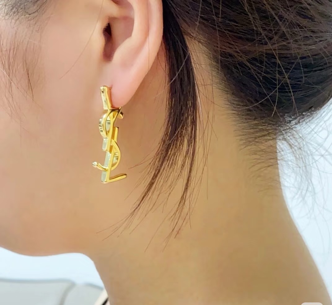 Saint Laurent Cassandre YSL Monogram earrings Gold-tone metal gold variant Silver-tone metal silver variant no gemstones 3cm drop length