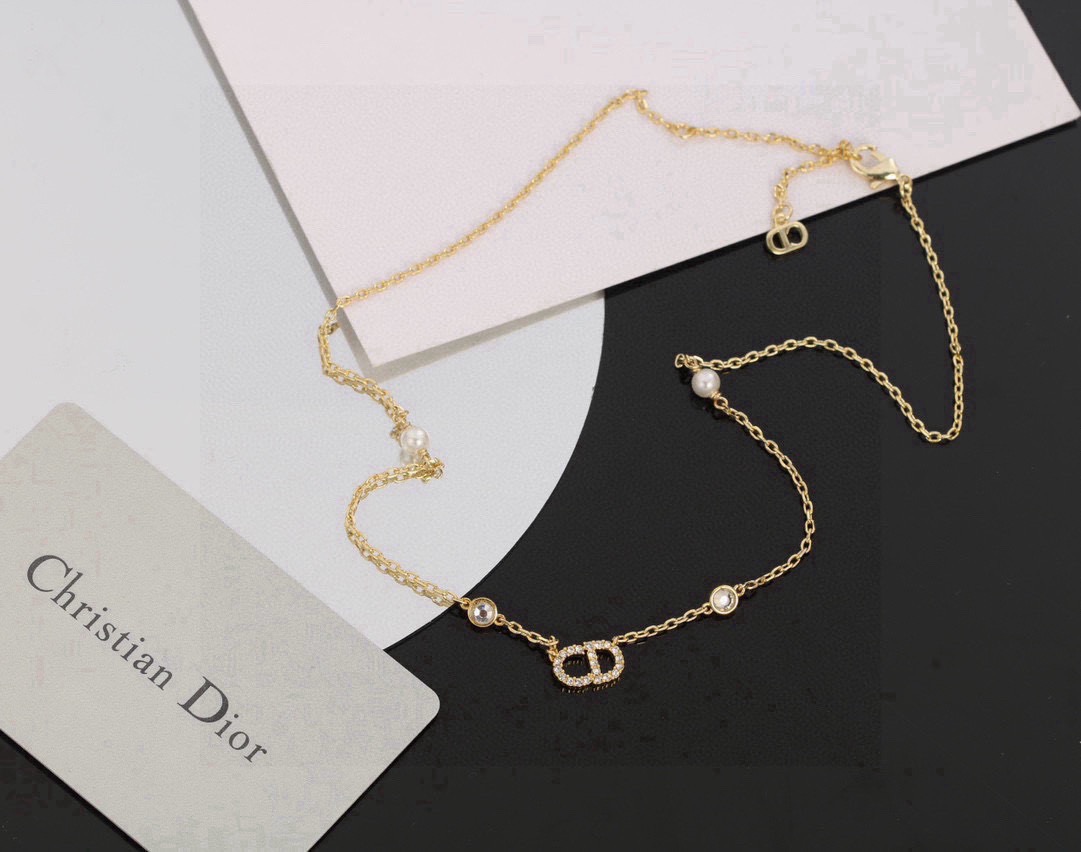 Dior CD Logo Pearl Crystal necklace gold-tone metal white pearl clear crystal 42cm