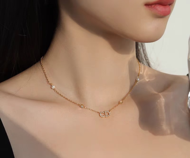 Dior CD Logo Pearl Crystal necklace gold-tone metal white pearl clear crystal 42cm