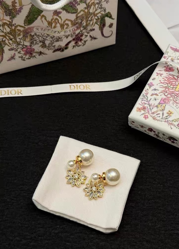 Dior Tribales earrings Gold-tone metal white pearl clear crystal One Size