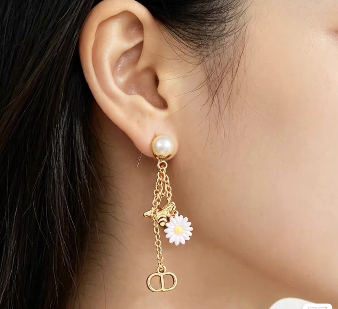 Dior Tribales Bee Daisy CD Charm Earrings earrings Gold-tone metal white resin pearls pink and white enamel daisies with yellow centers black and yellow enamel bees One Size drop length approximately 4 5cm