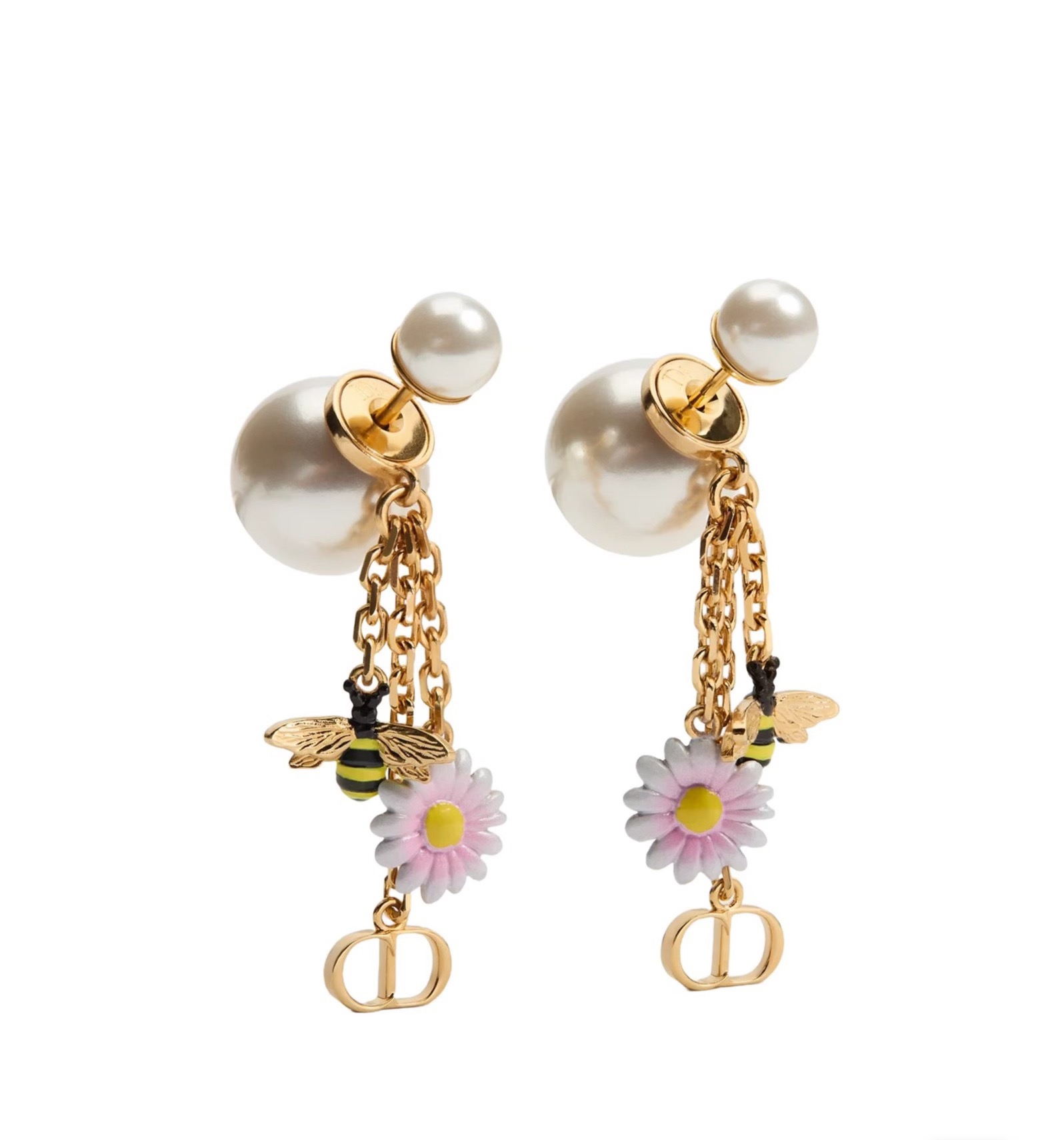 Dior Tribales Bee Daisy CD Charm Earrings earrings Gold-tone metal white resin pearls pink and white enamel daisies with yellow centers black and yellow enamel bees One Size drop length approximately 4 5cm