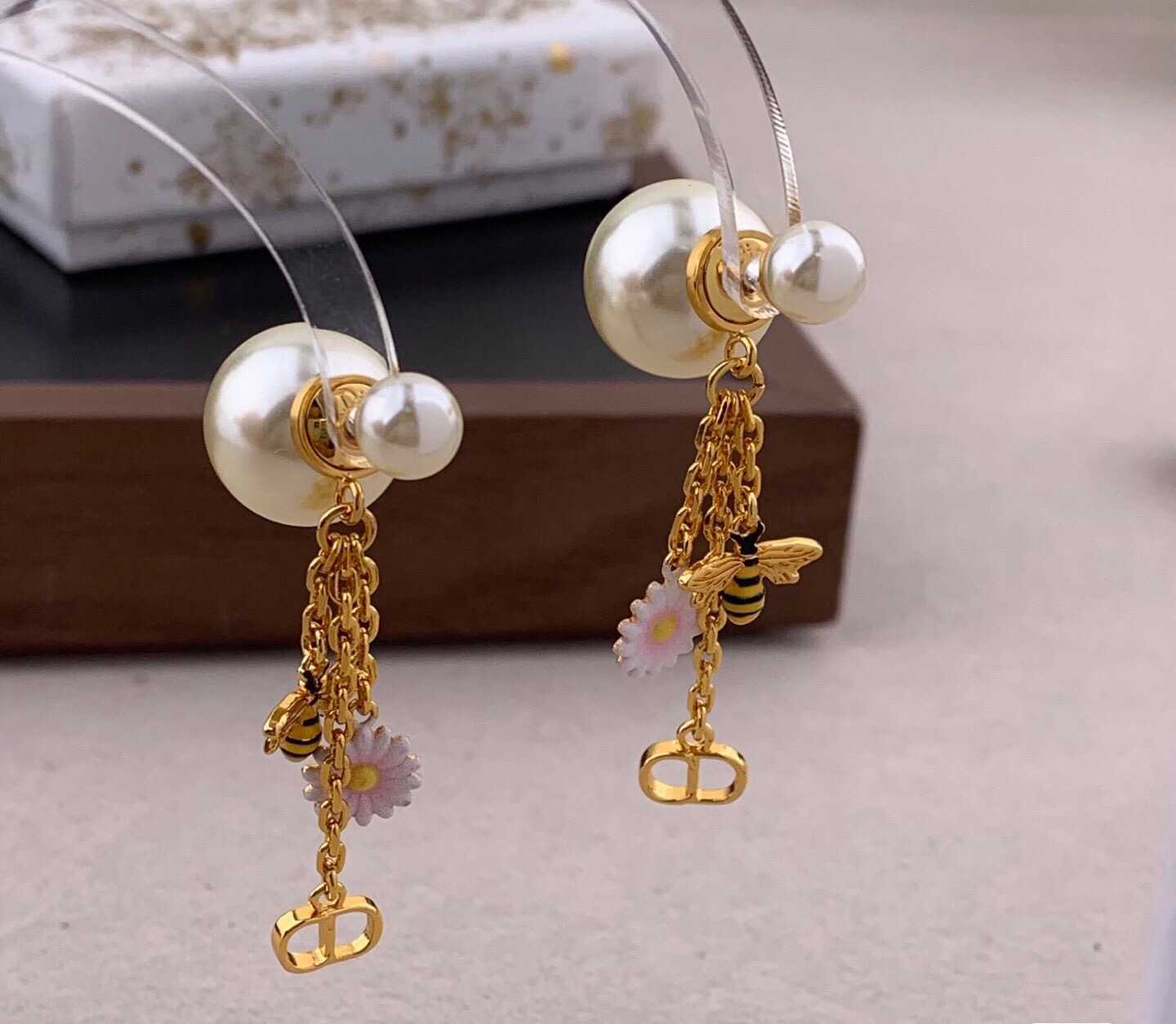 Dior Tribales Bee Daisy CD Charm Earrings earrings Gold-tone metal white resin pearls pink and white enamel daisies with yellow centers black and yellow enamel bees One Size drop length approximately 4 5cm