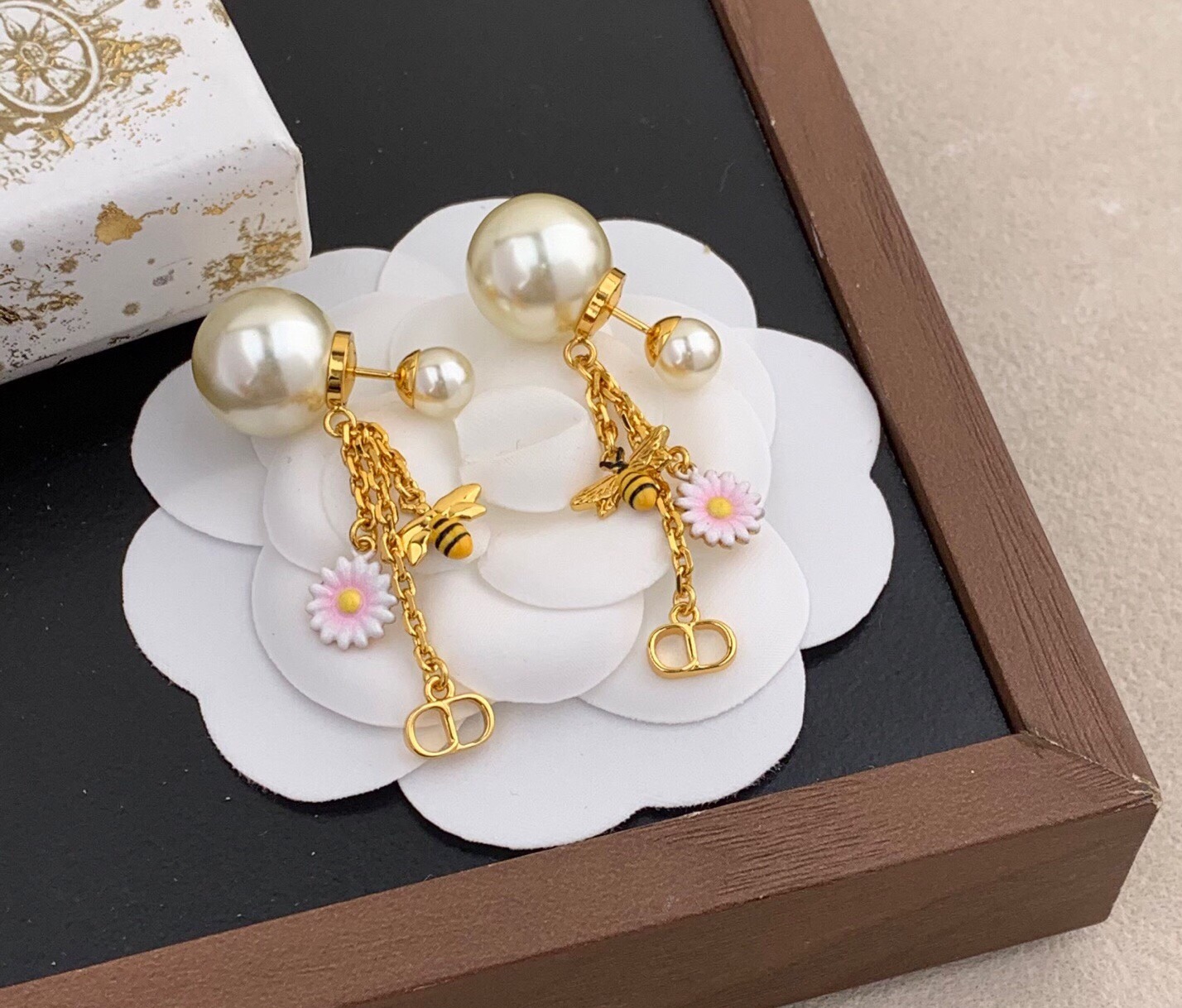 Dior Tribales Bee Daisy CD Charm Earrings earrings Gold-tone metal white resin pearls pink and white enamel daisies with yellow centers black and yellow enamel bees One Size drop length approximately 4 5cm